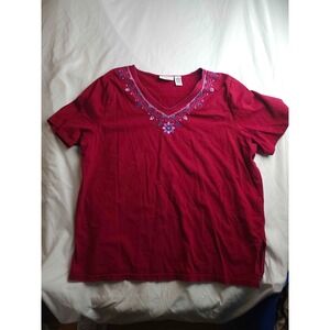 Parisian Works Shirt Top Womens Size 2X Red Floral Embroidered Short Sleeves